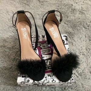 Brash Black Feather-Trim Ankle-Strap Heels
